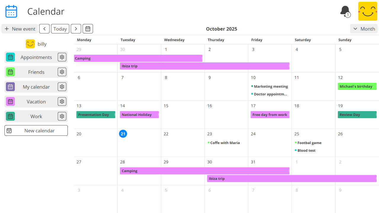 screenshot of the calendar